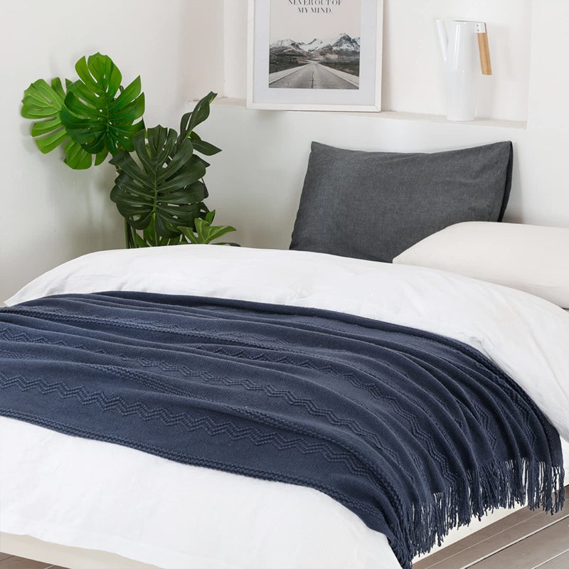 BOURINA Navy Throw Blanket 50x60 Inches Throw Textured Solid Soft Sofa Throw Couch Cover Knitted Decorative Blanket - Image 4